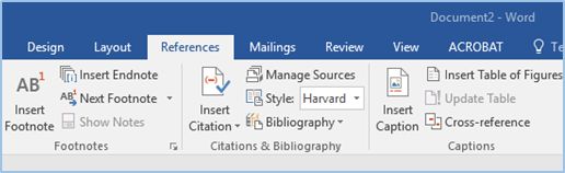 Screenshot of the referencing tab in MS Word